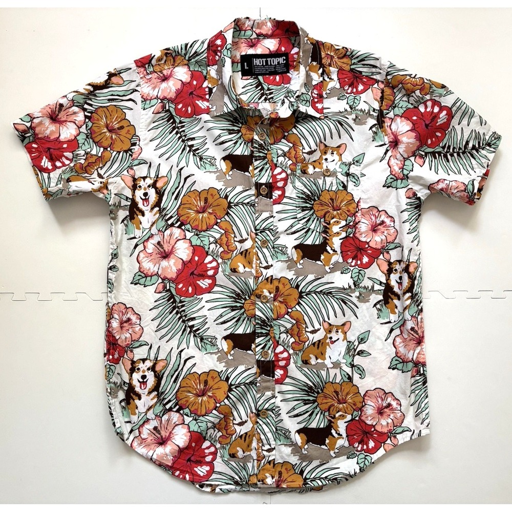HOT TOPIC Corgi Hawaiian Shirt Men's Aloha Tropical Dog Floral Resort - Size L